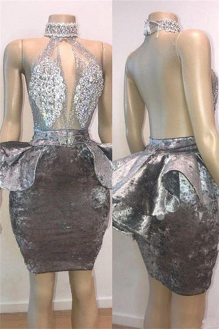 Vestidos cortos de fiesta con apliques y escote halter con abertura en forma de ojo de cerradura