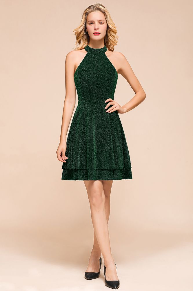 Robe de bal dos nu mi-longue sans manches en soie vert foncé brillante