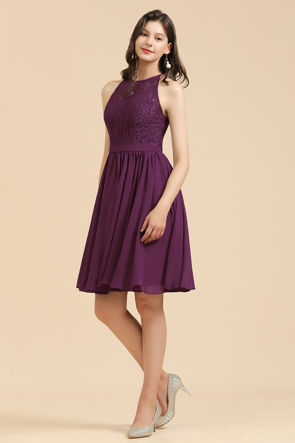 Robe de demoiselle d'honneur dos nu en dentelle, robe courte sans manches en mousseline de soie 