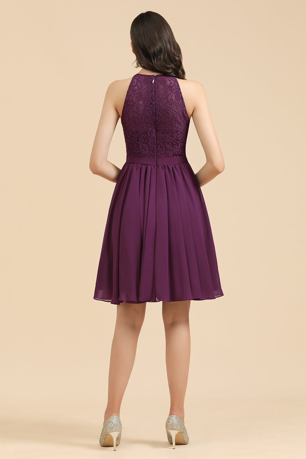 Robe de demoiselle d'honneur dos nu en dentelle, robe courte sans manches en mousseline de soie 