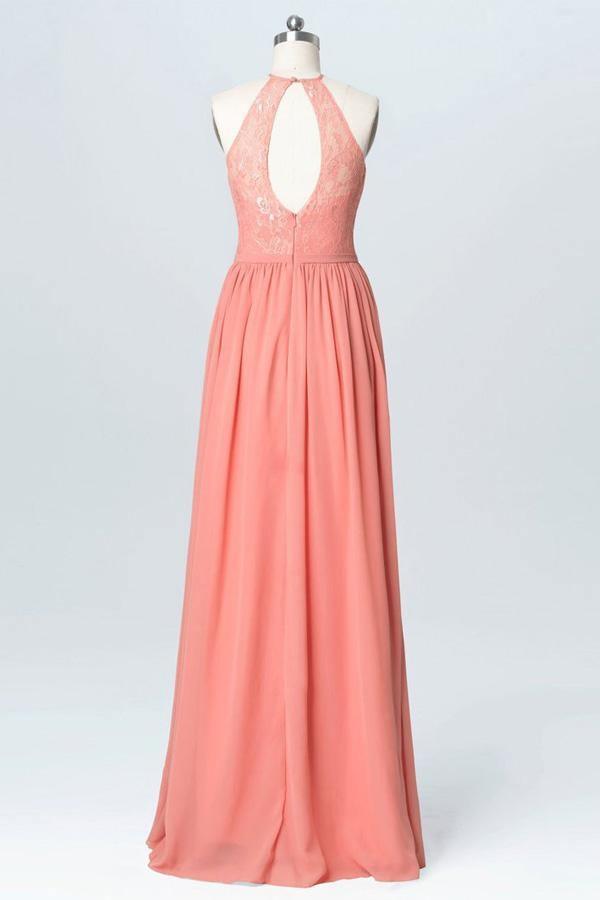 Vestidos de dama de honor largos de gasa color melocotón con encaje y cuello halter BD060