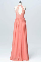 Vestidos de dama de honor largos de gasa color melocotón con encaje y cuello halter BD060