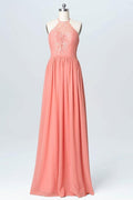 Vestidos de dama de honor largos de gasa color melocotón con encaje y cuello halter BD060
