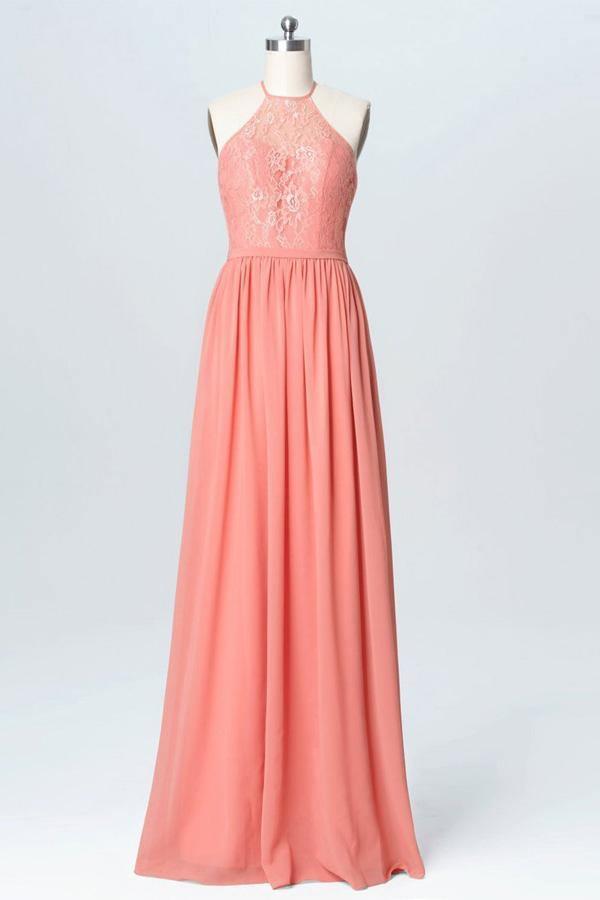 Vestidos de dama de honor largos de gasa color melocotón con encaje y cuello halter BD060