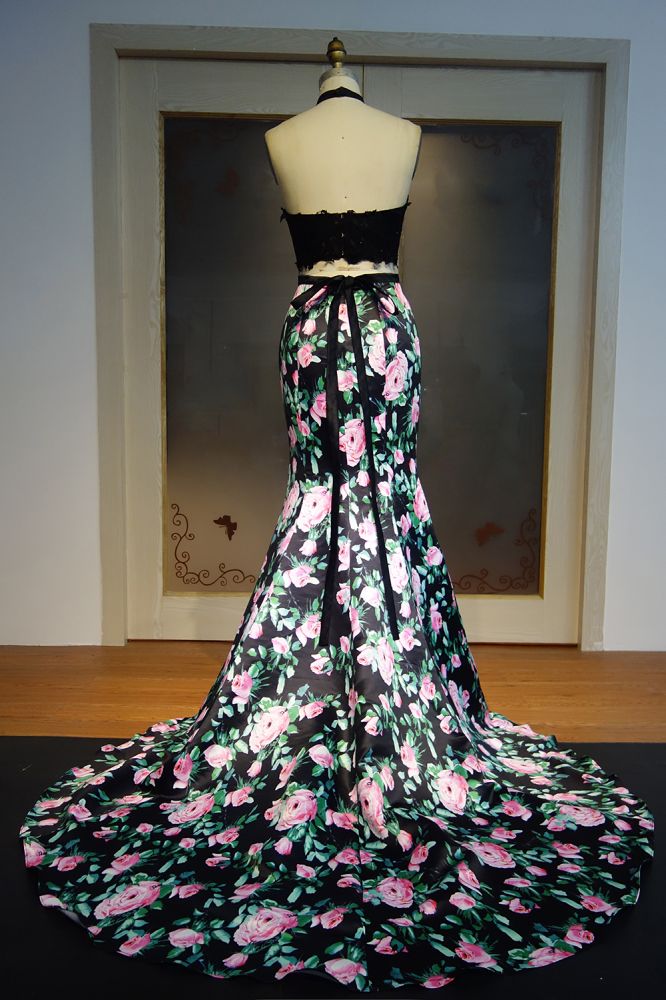 Robe de bal sirène longue deux pièces dos nu, haut en dentelle imprimé fleurs