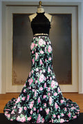 Robe de bal sirène longue deux pièces dos nu, haut en dentelle imprimé fleurs