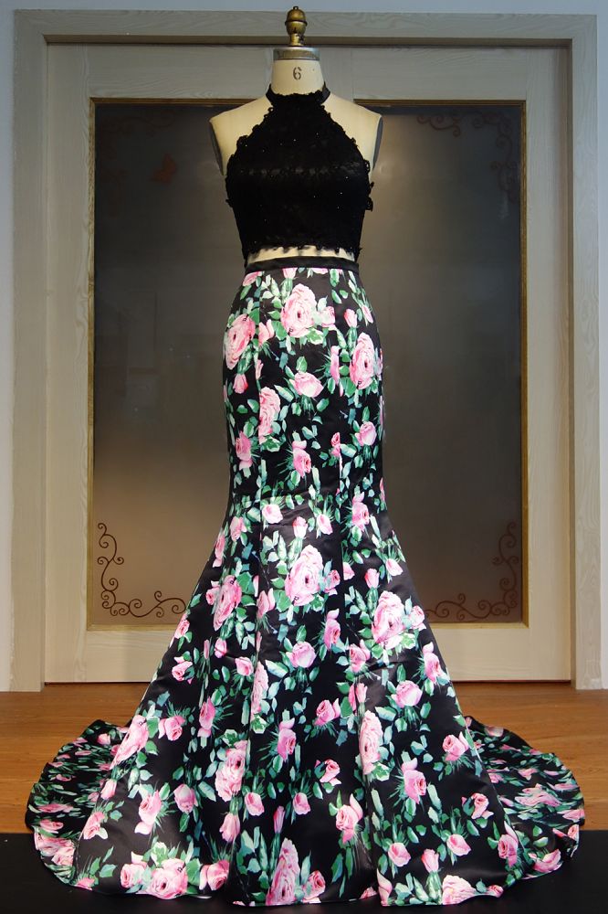 Robe de bal sirène longue deux pièces dos nu, haut en dentelle imprimé fleurs