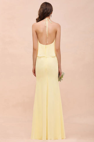 Vestido de dama de honor amarillo de gasa estilo sirena con cuello halter para niñas, largo hasta el suelo, ideal para bodas en la playa.