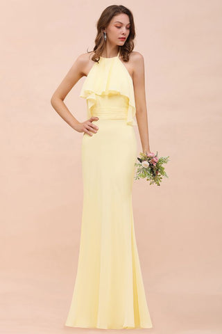 Vestido de dama de honor amarillo de gasa estilo sirena con cuello halter para niñas, largo hasta el suelo, ideal para bodas en la playa.
