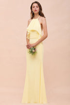 Vestido de dama de honor amarillo de gasa estilo sirena con cuello halter para niñas, largo hasta el suelo, ideal para bodas en la playa.
