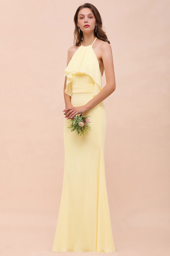 Vestido de dama de honor amarillo de gasa estilo sirena con cuello halter para niñas, largo hasta el suelo, ideal para bodas en la playa.