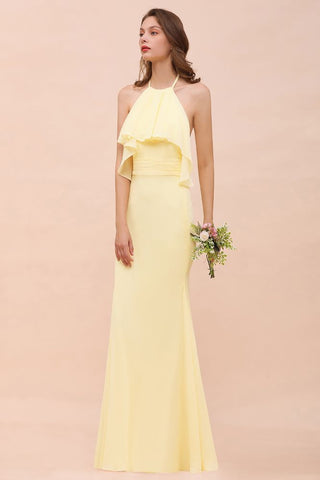 Vestido de dama de honor amarillo de gasa estilo sirena con cuello halter para niñas, largo hasta el suelo, ideal para bodas en la playa.