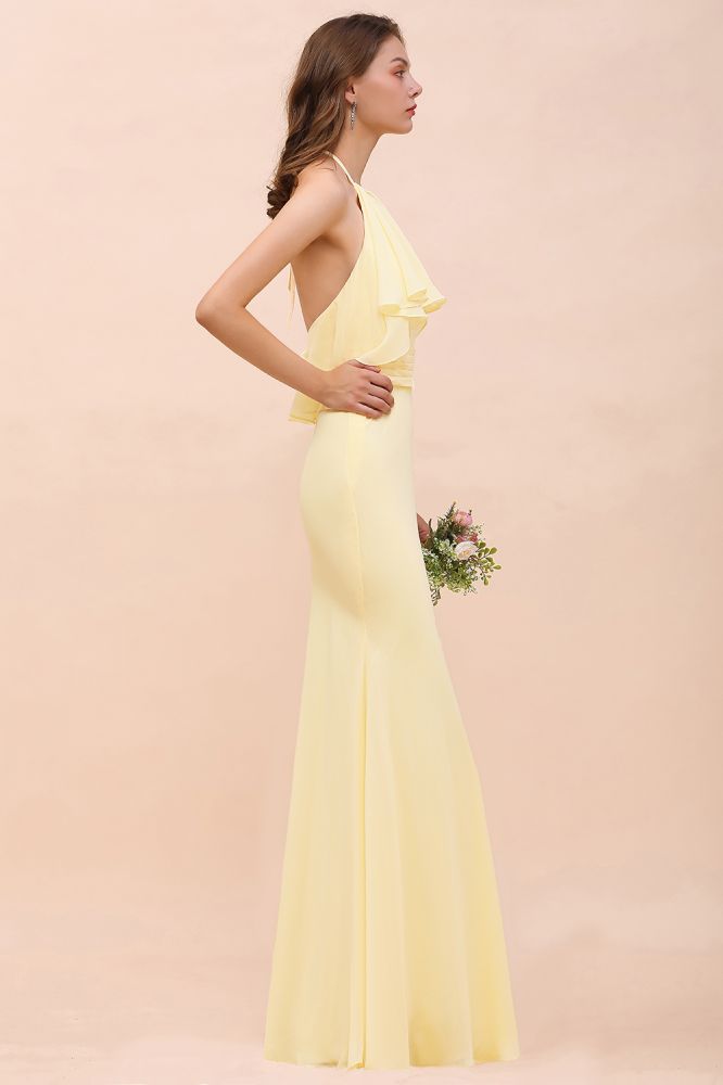 Vestido de dama de honor amarillo de gasa estilo sirena con cuello halter para niñas, largo hasta el suelo, ideal para bodas en la playa.