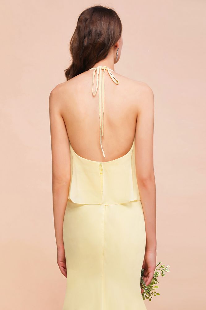 Vestido de dama de honor amarillo de gasa estilo sirena con cuello halter para niñas, largo hasta el suelo, ideal para bodas en la playa.