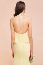 Vestido de dama de honor amarillo de gasa estilo sirena con cuello halter para niñas, largo hasta el suelo, ideal para bodas en la playa.
