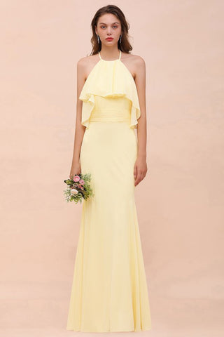 Vestido de dama de honor amarillo de gasa estilo sirena con cuello halter para niñas, largo hasta el suelo, ideal para bodas en la playa.