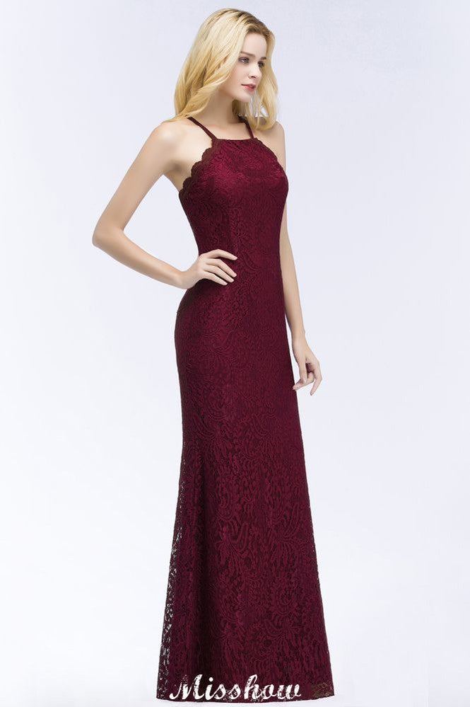 Vestido de noche largo de sirena con cuello halter, encaje color burdeos, ideal para damas de honor.