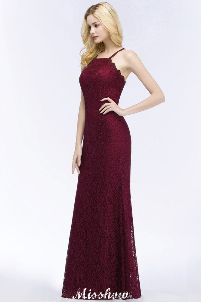 Vestido de noche largo de sirena con cuello halter, encaje color burdeos, ideal para damas de honor.