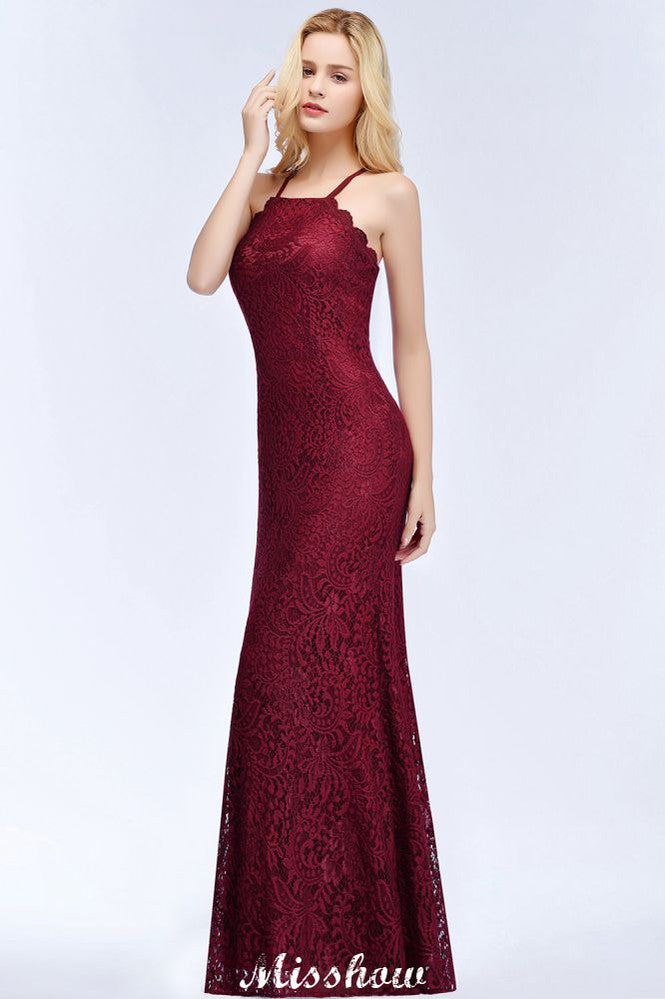 Vestido de noche largo de sirena con cuello halter, encaje color burdeos, ideal para damas de honor.