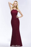 Vestido de noche largo de sirena con cuello halter, encaje color burdeos, ideal para damas de honor.