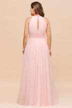 Vestido de dama de honor rosa con cuello halter, talla grande, de gasa, para fiesta de bodas o para niñas