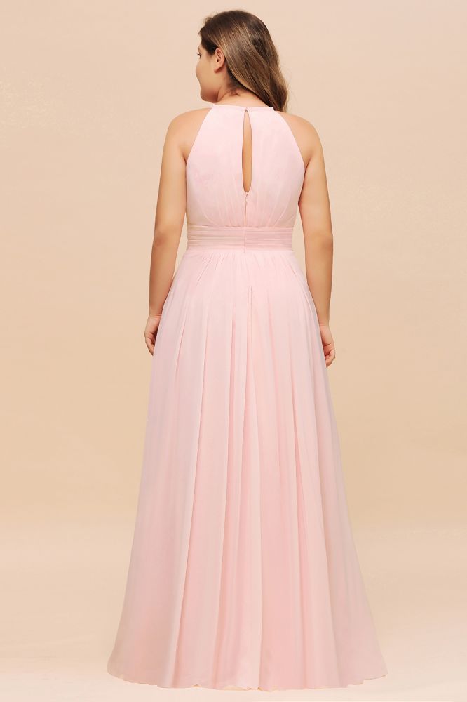 Vestido de dama de honor rosa con cuello halter, talla grande, de gasa, para fiesta de bodas o para niñas