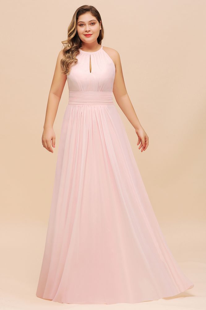 Vestido de dama de honor rosa con cuello halter, talla grande, de gasa, para fiesta de bodas o para niñas
