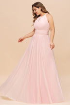 Vestido de dama de honor rosa con cuello halter, talla grande, de gasa, para fiesta de bodas o para niñas