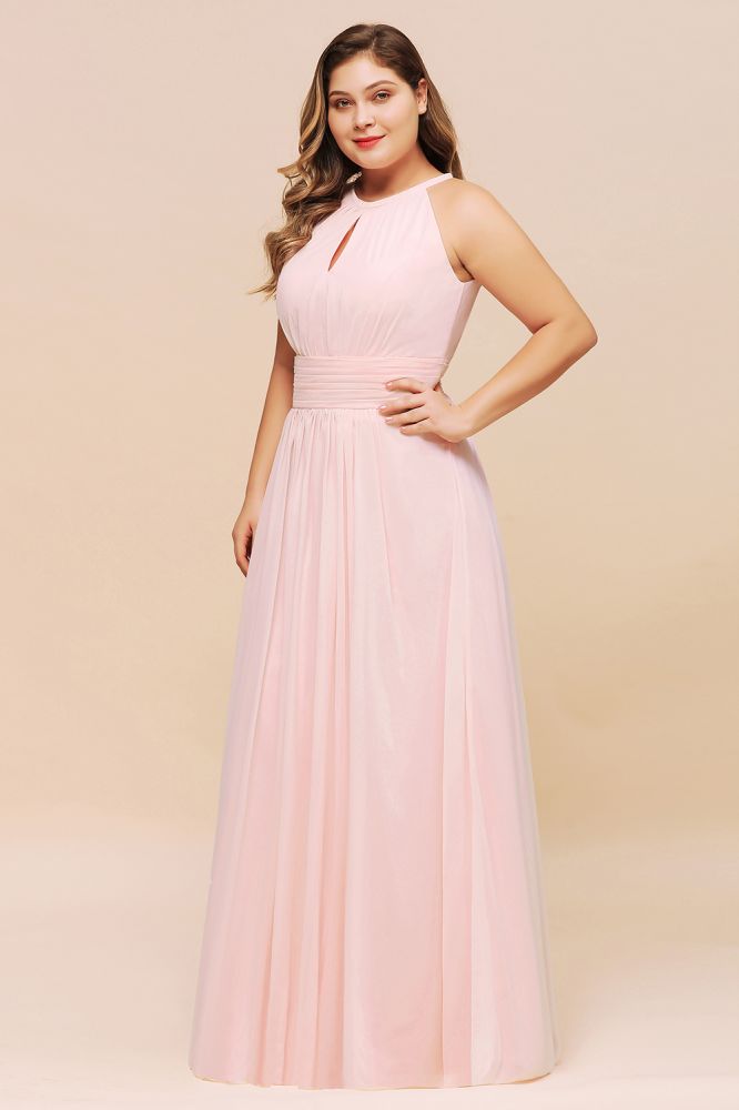 Vestido de dama de honor rosa con cuello halter, talla grande, de gasa, para fiesta de bodas o para niñas