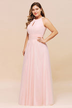 Vestido de dama de honor rosa con cuello halter, talla grande, de gasa, para fiesta de bodas o para niñas
