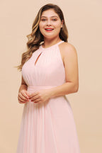 Vestido de dama de honor rosa con cuello halter, talla grande, de gasa, para fiesta de bodas o para niñas