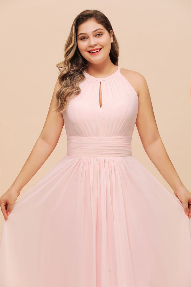 Vestido de dama de honor rosa con cuello halter, talla grande, de gasa, para fiesta de bodas o para niñas