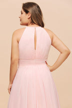 Vestido de dama de honor rosa con cuello halter, talla grande, de gasa, para fiesta de bodas o para niñas
