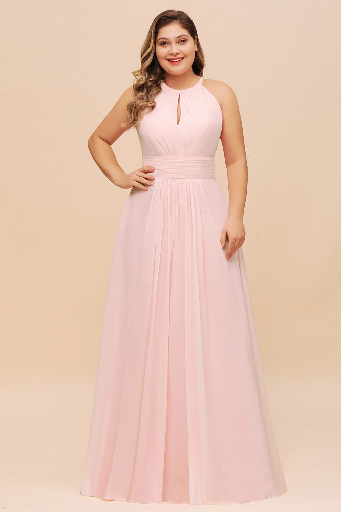 Vestido de dama de honor rosa con cuello halter, talla grande, de gasa, para fiesta de bodas o para niñas