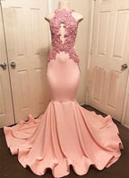 Halter Pink Lace Party Dresses Mermaid Formal Dresses