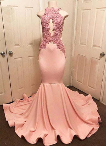 Vestidos de fiesta de encaje rosa con cuello halter, vestidos formales de sirena