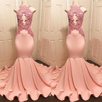 Halter Pink Lace Party Dresses Mermaid Formal Dresses