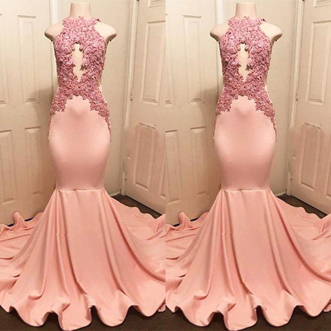Vestidos de fiesta de encaje rosa con cuello halter, vestidos formales de sirena