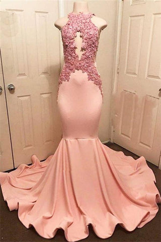 Vestidos de fiesta de encaje rosa con cuello halter, vestidos formales de sirena