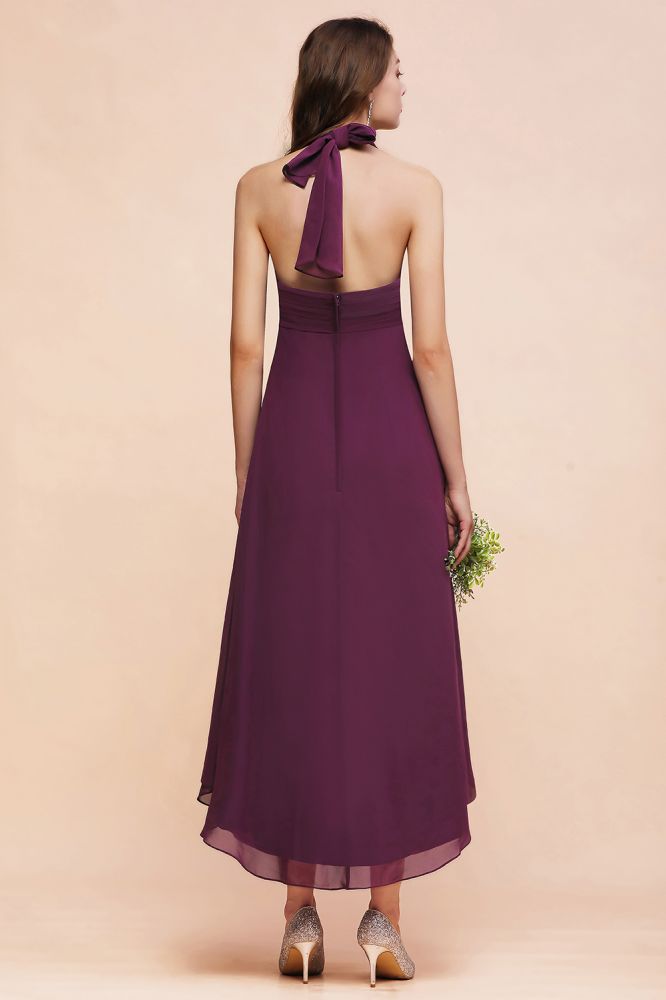Vestido de dama de honor morado con escote halter y corte asimétrico, vestido de cóctel de gasa