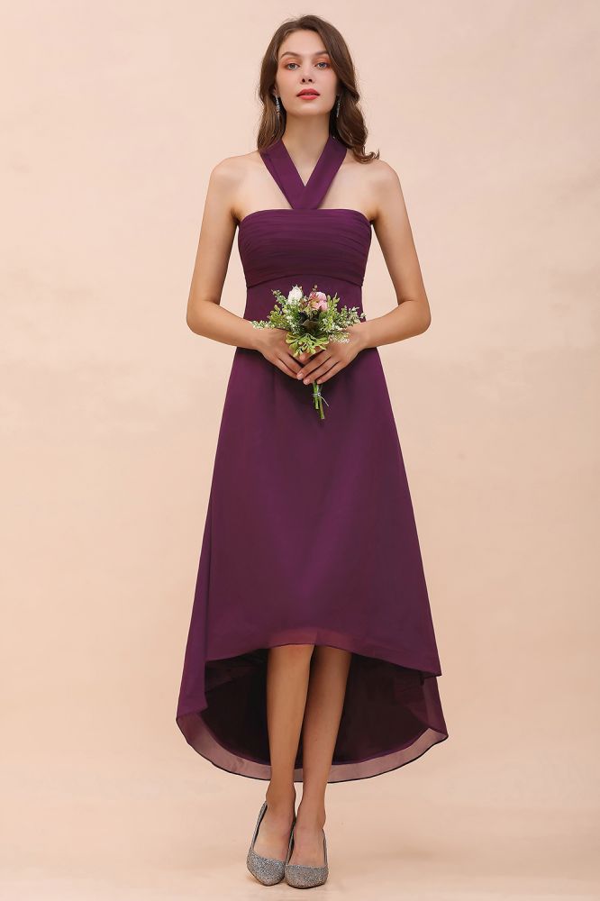 Vestido de dama de honor morado con escote halter y corte asimétrico, vestido de cóctel de gasa