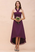 Vestido de dama de honor morado con escote halter y corte asimétrico, vestido de cóctel de gasa