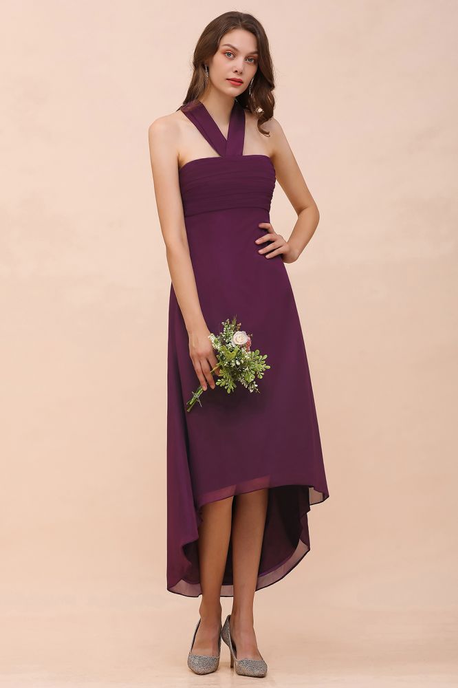 Vestido de dama de honor morado con escote halter y corte asimétrico, vestido de cóctel de gasa
