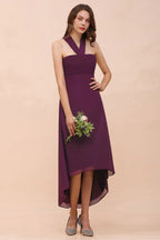Vestido de dama de honor morado con escote halter y corte asimétrico, vestido de cóctel de gasa