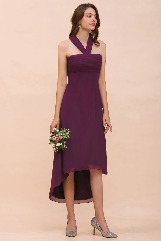 Vestido de dama de honor morado con escote halter y corte asimétrico, vestido de cóctel de gasa