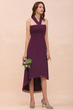 Vestido de dama de honor morado con escote halter y corte asimétrico, vestido de cóctel de gasa