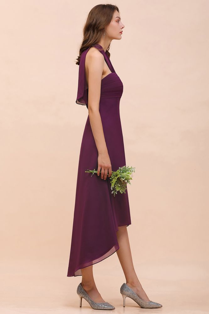 Vestido de dama de honor morado con escote halter y corte asimétrico, vestido de cóctel de gasa