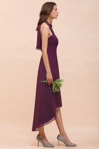 Vestido de dama de honor morado con escote halter y corte asimétrico, vestido de cóctel de gasa
