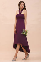 Vestido de dama de honor morado con escote halter y corte asimétrico, vestido de cóctel de gasa