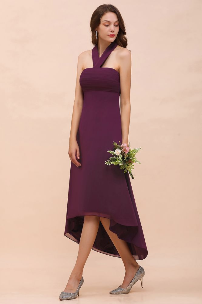 Vestido de dama de honor morado con escote halter y corte asimétrico, vestido de cóctel de gasa